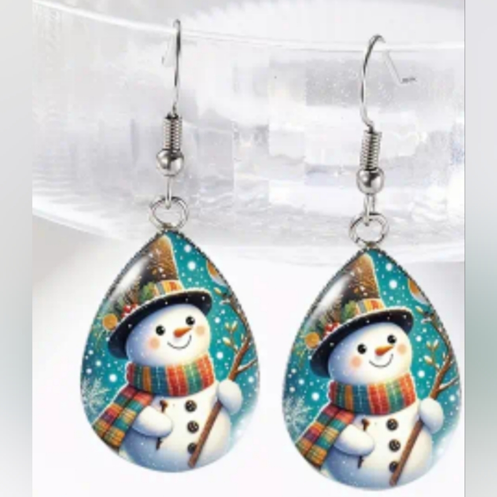 Festive christmas earrings Snowman Drop Crystal Glass